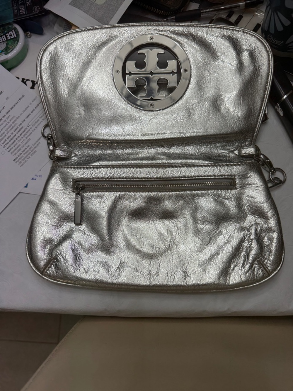 Tory Burch Metallic Silver Logo Crossbody/Wristlet - Picture 5 of 10